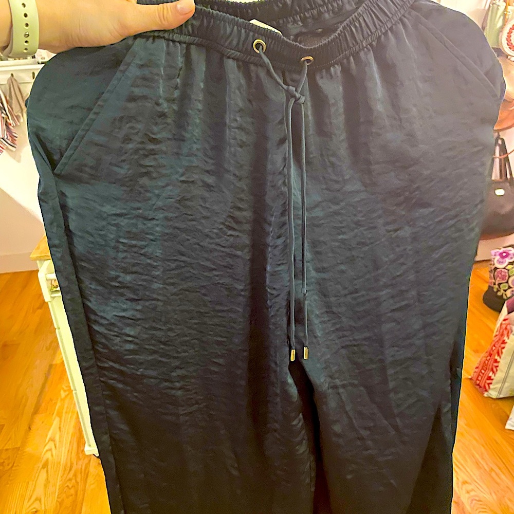 Michael Kors Navy Blue Wide-Leg Satin Pants